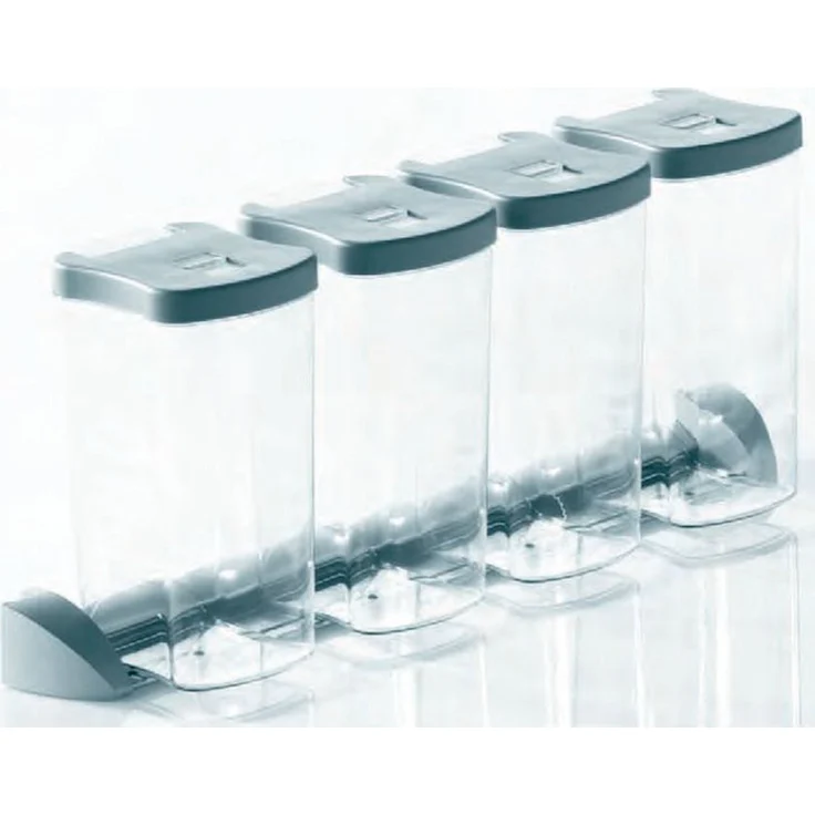 Kesseböhmer Vorratsdosensystem Vorratsdosen Set, 4 transparente Dosen (1,2 l) mit grauem Deckel für DISPENSA Hochschrank, silbergrau Tragerelement