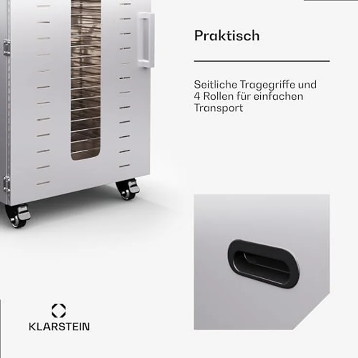 Klarstein Dörrautomat Edelstahl – 4.000-W-Dörrgerät, 48 Edelstahl-Einlegeböden, 30–90 °C, 24-Stunden-Timer, 6 Ventilatoren, 2 Trockenkammern, 50–55 dB, ideal für Obst, Gemüse, Fleisch, Kräuter, Silber – Bild 5