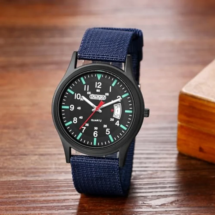 JewelryWe Herrenuhr Militär, Leuchtende Quarz Armbanduhr mit schwarzem 12/24-Stunden Zifferblatt, blauem Nylonarmband und Datumsanzeige – Bild 4