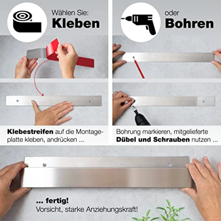Moritz & Moritz Magnetleiste Messer selbstklebend 40cm aus Edelstahl - Hochwertiger Messerhalter magnetisch für Küchenutensilien, max. 5 kg, rostfrei – Bild 5