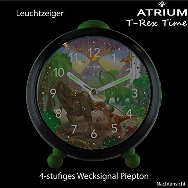 Atrium T-Rex Time Kinderwecker, Lautloser Quarzwecker in Schwarz Grün mit Licht und Snooze, 11,5 x 11 x 7 cm – Bild 5