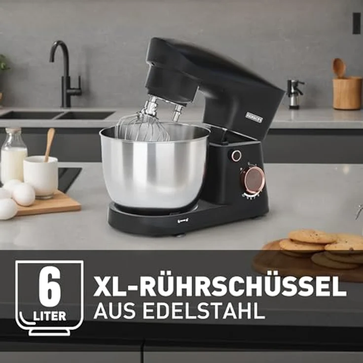 Heinrich´s HKM 8077 Küchenmaschine, Knetmaschine mit 1500W, 6L Edelstahlschüssel, 10 Geschwindigkeitsstufen, geräuscharm, titan – Bild 4
