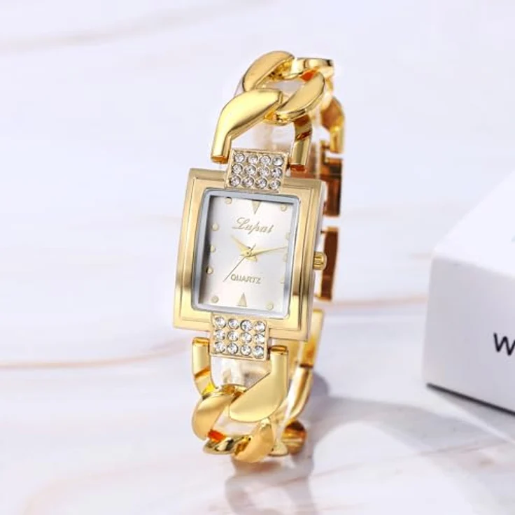 JewelryWe Damenuhr Glitzer Rechteckig, Elegante Strass Analog Quarz Armbanduhr mit Gold Panzerkette und Metallarmband, Wasserdicht 1 ATM – Bild 2