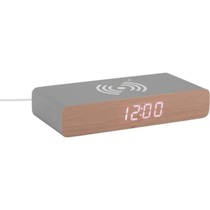 Karlsson Digitalwecker Retro Flat Mouse Grey, Wecker mit Qi-Ladegerät und USB-Ports, digitale LED-Anzeige, Batteriebetrieb und Netzbetrieb – Bild 1