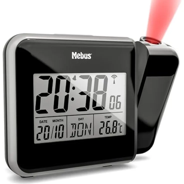 Mebus 42425 Projektions-Funkwecker, mit roter Uhrzeitprojektion, Innenthermometer und blauer Hintergrundbeleuchtung