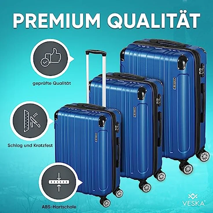 VESKA 3tlg. Hartschalenkofferset Hard Shell Reisekoffer Kofferset Trolley Koffer Hartschalenkoffer Reisekofferset Rollkoffer TSA Zahlenschloss 4 Rollen ABS-Hartschale M-L-XL (schwarz) – Bild 2
