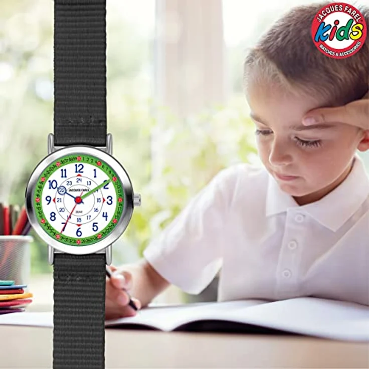 Atrium Jacques FAREL Happy Learning Kinder-Armbanduhr Lernuhr Jungen Analog Quarz Metall Textilband Schwarz KOP 08 – Bild 5