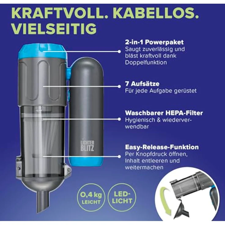 LICHTERBLITZ Handstaubsauger mit Faltfunktion, 4,5 kPa Saugkraft, 7 Aufsätzen, HEPA-Filter und LED-Licht – ideal für Auto und Haushalt, Akku mit Saug- und Gebläsefunktion – Bild 5