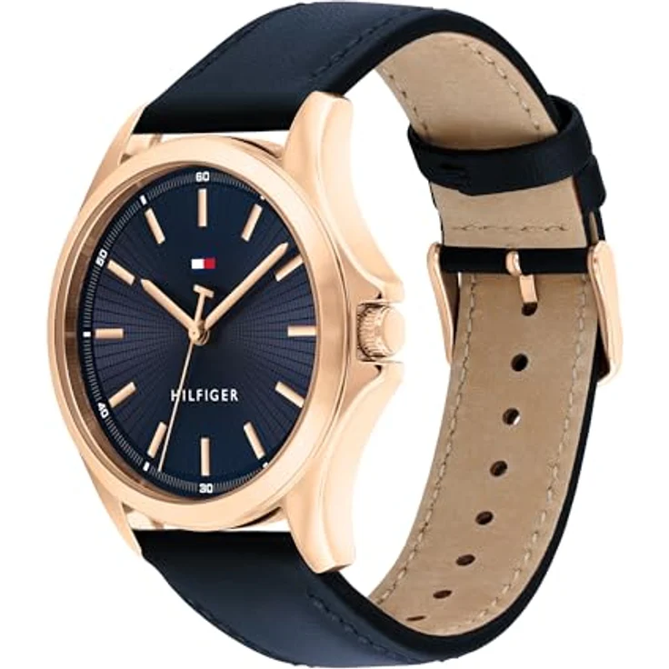 Tommy Hilfiger 1792189, Herren-Armbanduhr mit 43 mm Edelstahlgehäuse in Roségold, marineblauem Lederarmband und 3-Zeiger-Quarzwerk – Bild 2