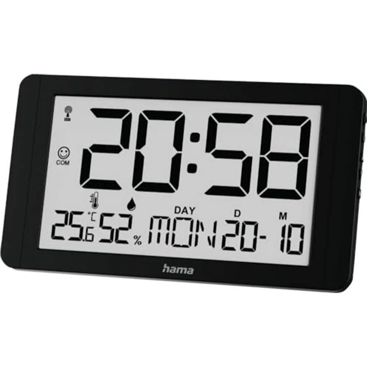 Hama Wanduhr Kuba, DCF-Funkuhr mit digitaler Anzeige, Temperatur- und Luftfeuchtigkeitsanzeige, automatischer Zeitanpassung, Kalender- und Wochentagsanzeige, 12/24-Stunden-Format – Bild 1