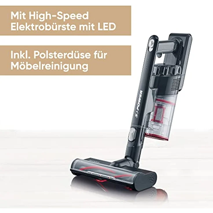 SEVERIN 2-in-1 Stiel- und Handstaubsauger, Akku Staubsauger mit bis zu 40 Min. Laufzeit, kabelloser Staubsauger mit High-Speed Elektrobürste mit LED Beleuchtung, schwarz/rot, HV 7154 – Bild 2