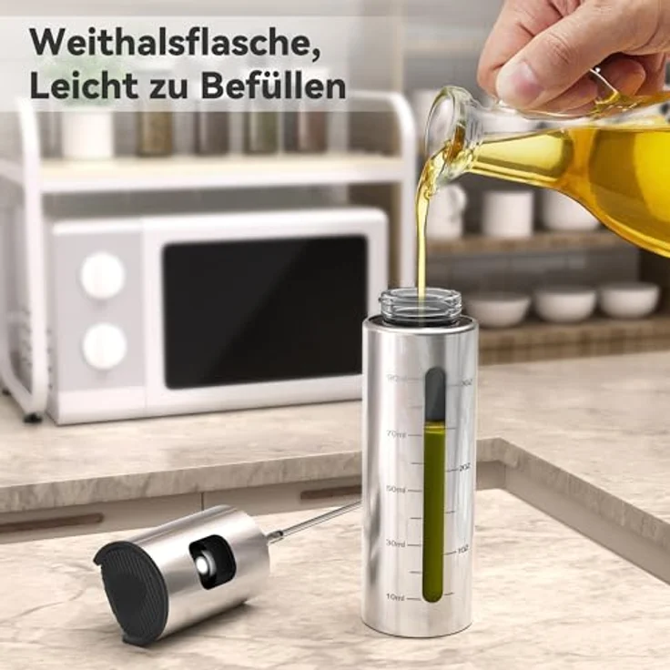 KitchenBoss Ölsprüher Edelstahl, 100ml für Heißluftfritteuse, inkl. Reinigungsbürste und Ölbürste, ideal für Salat, Grillen und Backen – Bild 2