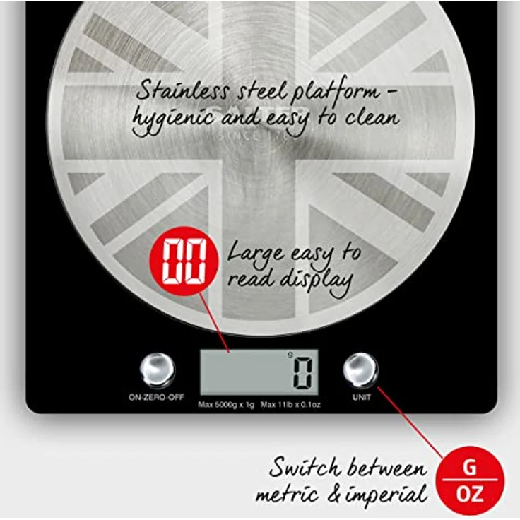 Salter 1036 UJBKDR Disc Elektronische Waage - mit Edelstahl Plattform, elegantes schlankes Design, Küchenwaage, Edelstahlplattform, Tara-funktion, Misst Flüssigkeiten, Kapazität 5kg, Union Jack-Design – Bild 5