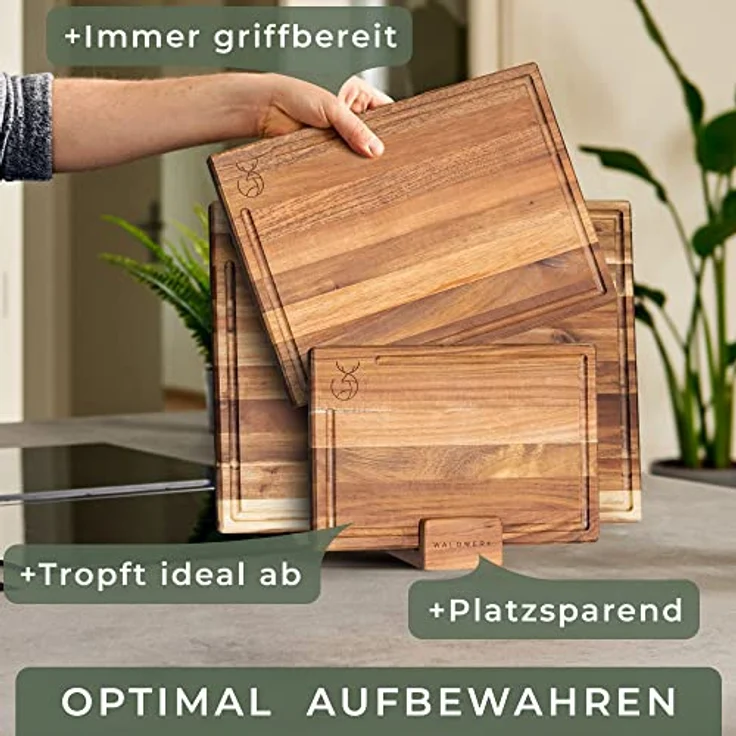 WALDWERK Schneidebrett 3er Set aus massiver Akazie mit Saftrille und Brettständer - Design Schneidebrett Set – Bild 4
