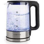 GOURMETmaxx Glas-Wasserkocher in zeitlosem Edelstahl-Design mit blauer LED-Beleuchtung | Praktische Wasserstandsanzeige, Antikalkfilter, 1,7 Liter Fassungsvermögen