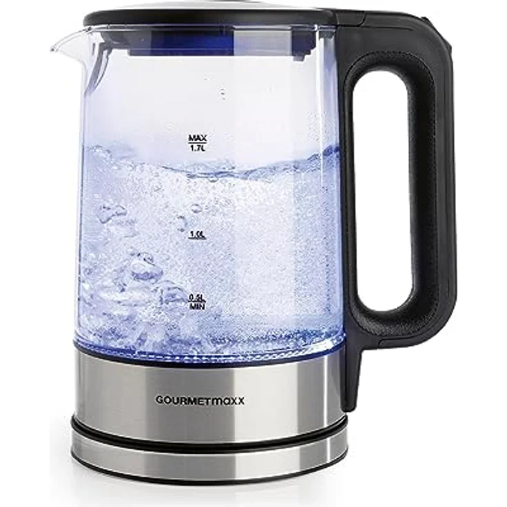 GOURMETmaxx Glas-Wasserkocher in zeitlosem Edelstahl-Design mit blauer LED-Beleuchtung | Praktische Wasserstandsanzeige, Antikalkfilter, 1,7 Liter Fassungsvermögen – Bild 1