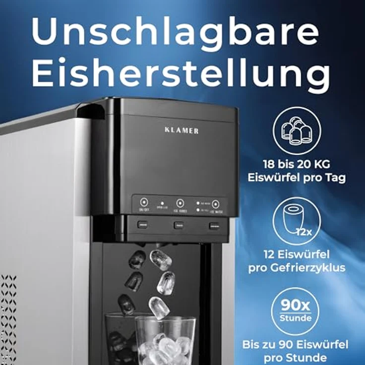 KLAMER 3-in-1 Eiswürfelmaschine mit Crushed Ice, Wasserspender, Selbstreinigung, Edelstahl, Schwarz, 12 Eiswürfel in 7-12 min – Bild 5