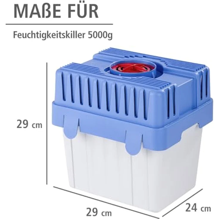 WENKO Feuchtigkeitskiller mit 5 kg Granulatblock, Raumentfeuchter, fasst bis zu 8 l Feuchtigkeit, laborgeprüft, nachfüllbar, reduziert Schimmel und Gerüche, Maße (BHT): 29 x 29 x 24 cm, grau-blau Luftentfeuchter – Bild 6
