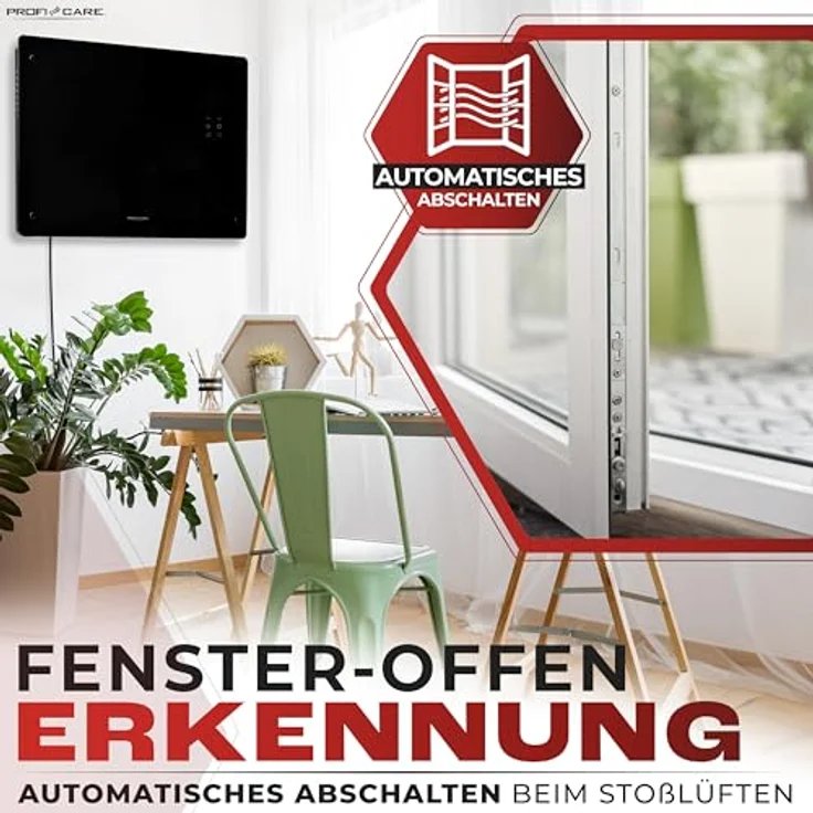 ProfiCare® Elektroheizung mit Glasfront & X-Shape Heizelement | mobiler Heizkörper auch für Wandmontage geeignet | Konvektor Heizung mit 2 Heizstufen | lautloses Heizen - 0dB | PC-GKH 3118 schwarz – Bild 3