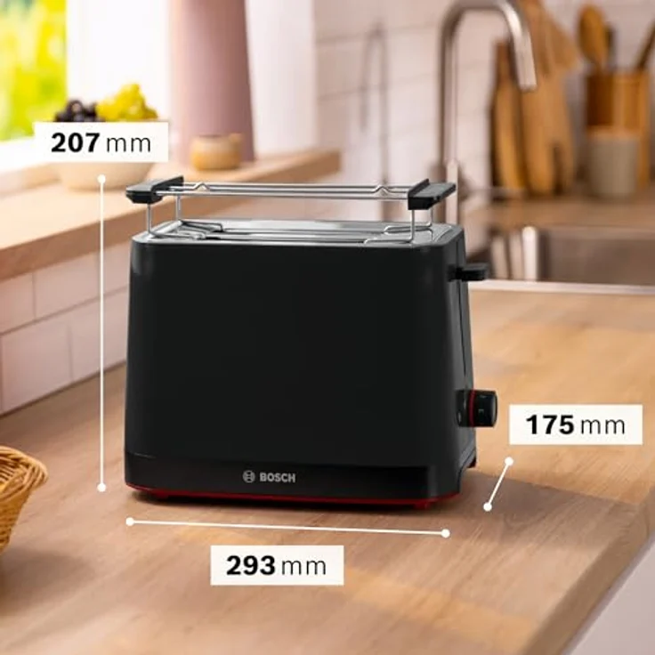 Bosch Kompakt Toaster MyMoment TAT3M123, entnehmbarer klappbarer Brötchenaufsatz, mit Auftaufunktion, Abschaltautomatik, Liftfunktion, Brotzentrierung, ideal für 2 Scheiben, 800 Watt, Schwarz matt – Bild 2