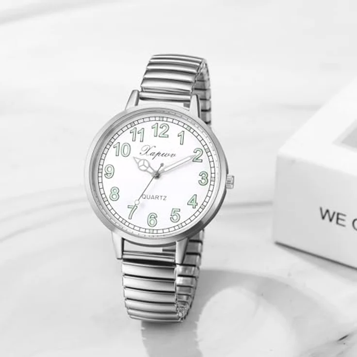 JewelryWe Damenuhr, elastische Uhr für Senioren, Silber Analog Quarz mit großem Zifferblatt und elastischem Edelstahlzugarmband – Bild 5