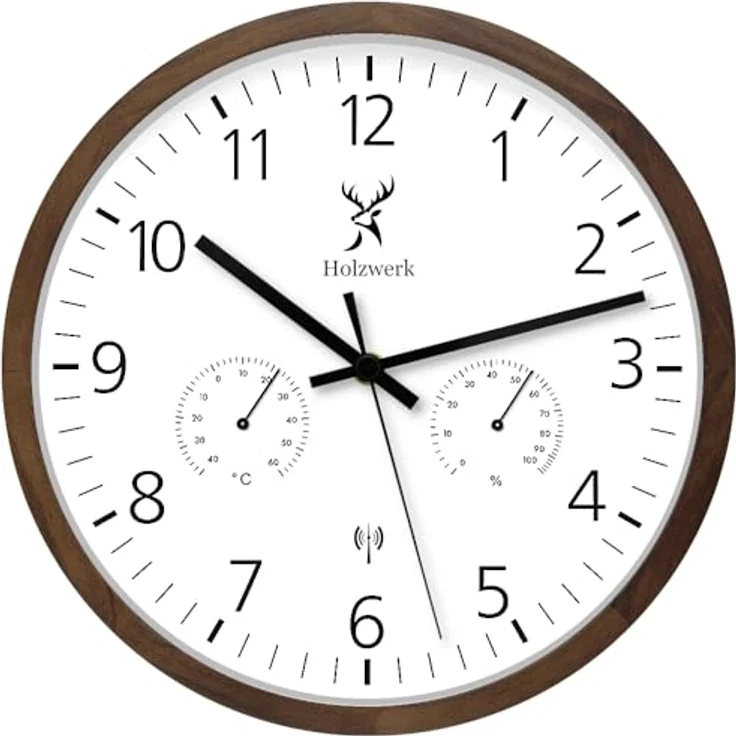 Holzwerk WEGBERG Funk Wanduhr aus Massivholz, 30 cm, mit Temperaturanzeige und Hygrometer, lautloses Uhrwerk, Braun/Buche – Bild 1