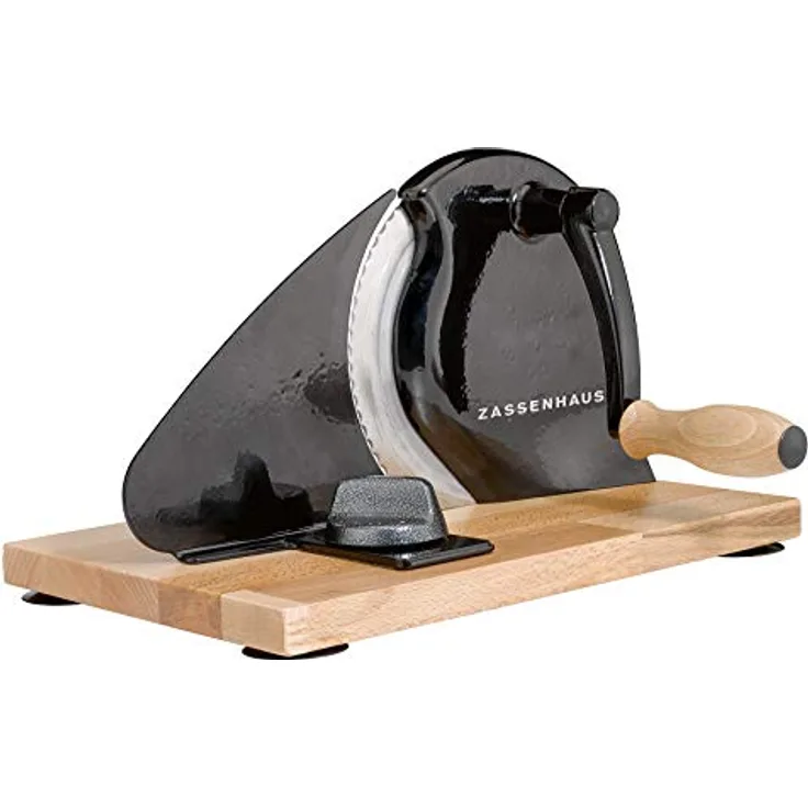 Zassenhaus Brotschneidemaschine manuell CLASSIC | Schwarz | Solinger Klingenstahl | Schnittstärken: 1-18mm | Brett und Kurbel aus Buchenholz | Maße: 30 × 25,5 × 19cm