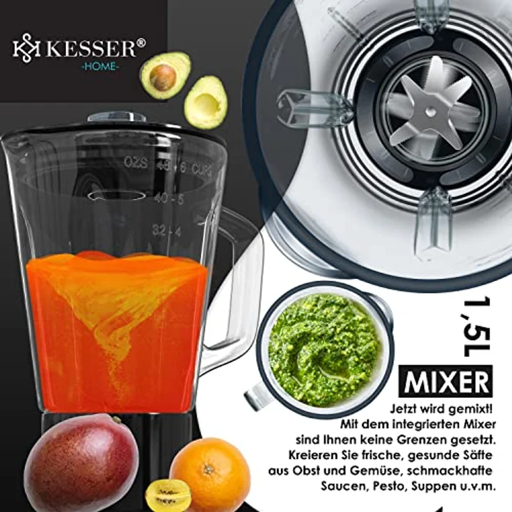 KESSER K-KM 3000 3 in 1 Universal Küchenmaschine, 1500W, 5,5L Schüssel, inkl. Fleischwolf, 3 Rührwerkzeuge, 1,5L Entsafter, Wurst Set Pasta & Plätzchenformen, schwarz – Bild 5