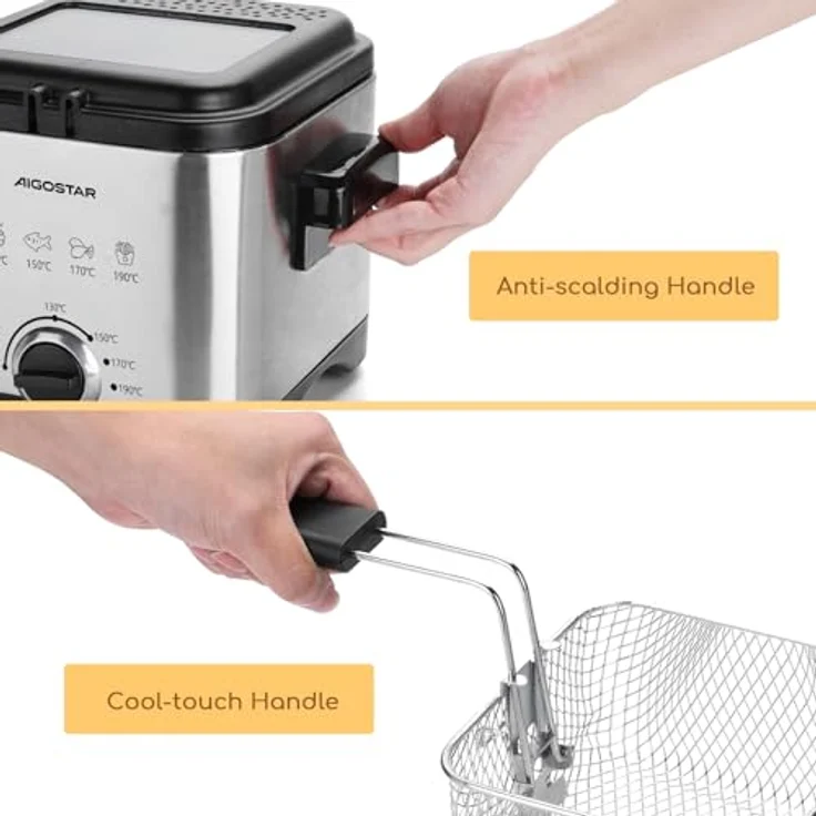 Aigostar 3000041ZD Fritteuse, mit Fett, 1,5 Liter Fassungsvermögen, 900 Watt, silber, Edelstahl – Bild 5