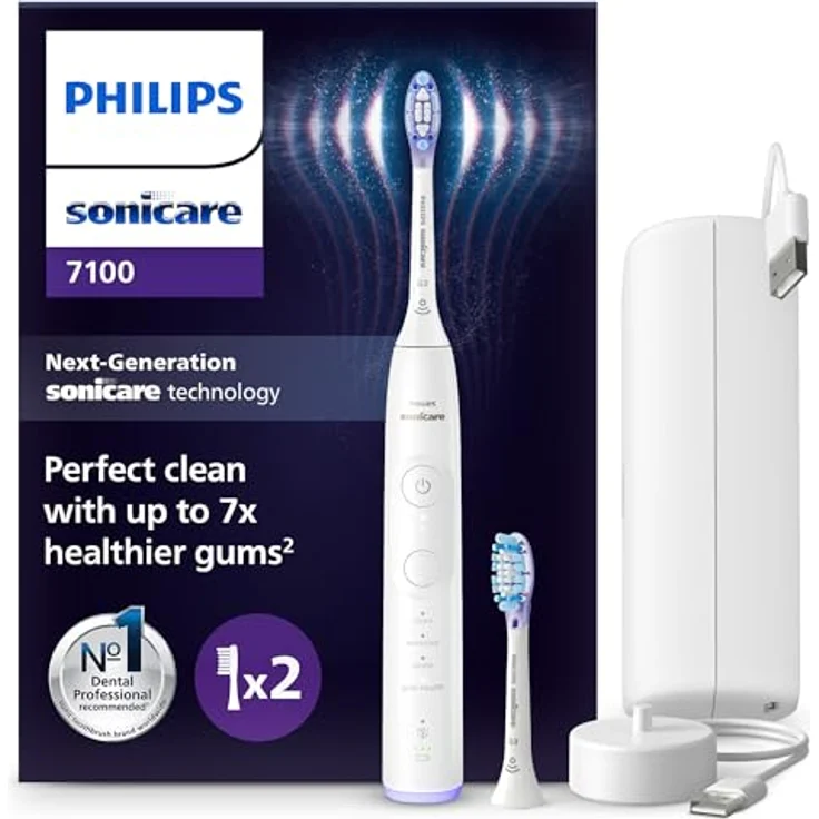 Philips Sonicare 7100 elektrische Zahnbürste, Schallzahnbürste mit App, 4 Putzmodi und 3 Intensitätsstufen, Andruckkontrolle, EasyStart, SmarTimer und BrushPacer, Weiß – Bild 1