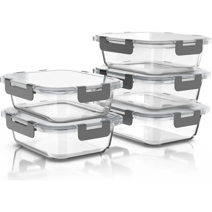 Arendo Frischhaltedosen 5er Set, rechteckig 1040 ml, stapelbar, Borosilikatglas, luftdicht, auslaufsicher, mikrowellen-, ofen-, gefrier- & spülmaschinengeeignet