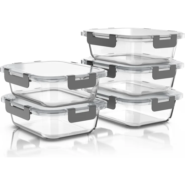 Arendo Frischhaltedosen 5er Set, rechteckig 1040 ml, stapelbar, Borosilikatglas, luftdicht, auslaufsicher, mikrowellen-, ofen-, gefrier- & spülmaschinengeeignet