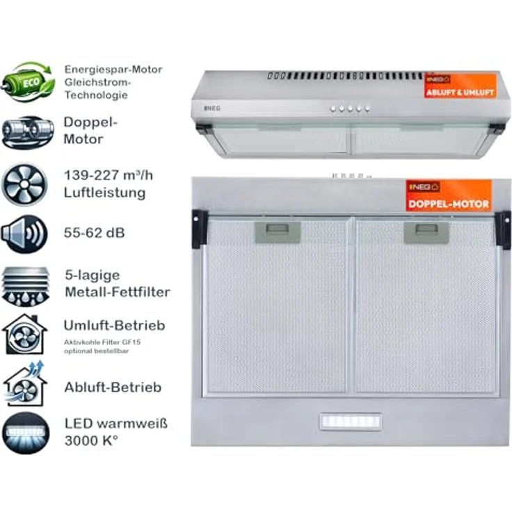 NEG Unterbau Dunstabzugshaube NEG15-DC+ NextGen, Edelstahl, Doppelmotor 60 cm, 424 m³/h, flexibler Abluftanschluss, für Abluft- und Umluftbetrieb – Bild 3