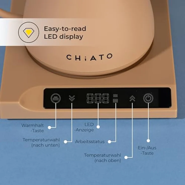 CHiATO flowPLAY Wasserkocher, 360° drehbar mit präzisem Schwanenhals-Ausguss und Touch-Display, 0,6 Liter, Temperatur einstellbar von 40 bis 100 °C, Schwarz – Bild 6
