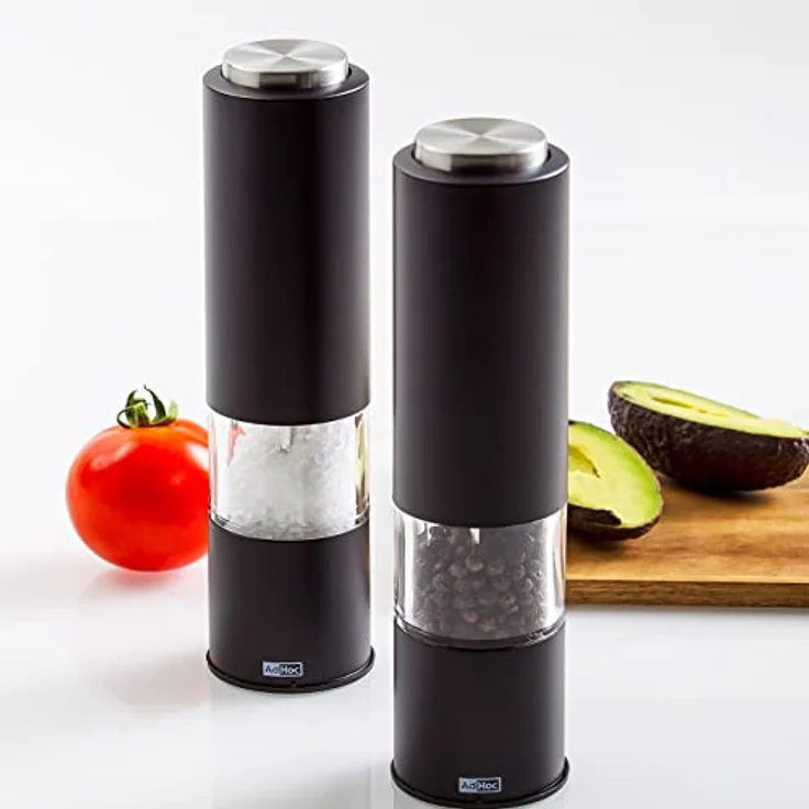 AdHoc 2er Geschenk Set elektrische Salzmühle und Pfeffermühle TROPICA in Schwarz mit Keramikmahlwerk einstellbar fein bis grob inkl. Salz & Pfeffer – Bild 3