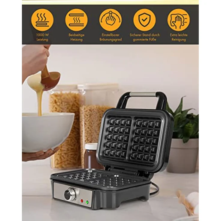 ProfiCook Waffeleisen für belgische Waffeln mit 2 Backflächen, Waffeleisen belgische Waffel 1000 Watt antihaftbeschichtet Edelstahl, stufenlos wählbarer Bräunungsgrad, PC-WA 1240 – Bild 2
