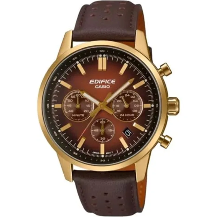 Casio Edifice EFR-575CL-5AEF, Armbanduhr aus vergoldetem IP-Stahl mit braunem Lederband, Kalender, Stoppuhr, wasserdicht bis 100 Meter, Durchmesser 47,9 mm