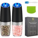 Salz und Pfeffermühle Elektrische set, Fine Life Pro Salz und Pfeffer Mühle Elektrisch Gewürzmühle, Schwerkraft Aktiviert, Einstellbarer Mahlgrad, mit Blauem LED-Licht, Schwarz, 2 Stück