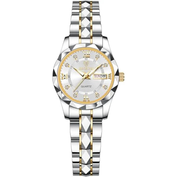 JewelryWe Damenuhr Edelstahl Analog Quarz Armbanduhr, 30m wasserdicht, leuchtende Zeiger, Römische Ziffern, Gold/Silber Edelstahlarmband mit Diamantskala – Bild 1