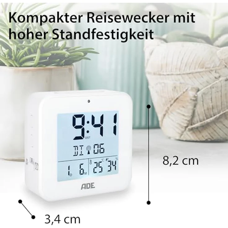 ADE Funkwecker Wecker digital funk mit Temperatur und Luftfeuchtigkeit automatischer Lichtsensor, 2 Weckzeiten, Schlummerfunktion – Bild 2