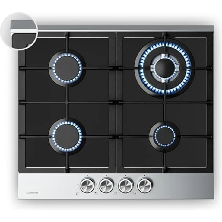Klarstein Verosteel Gaskochfeld, 4-Brenner, 8000W, 60cm, Glas & Edelstahl, Flammenausfallschutz, elektrisch zündbar, Flüssiggas/Erdgas – Bild 1