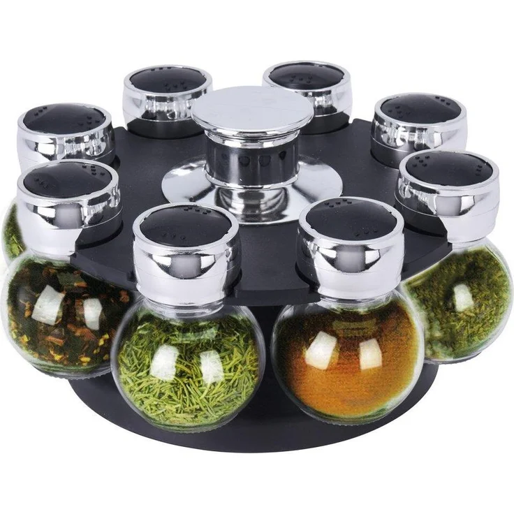 EH Excellent Houseware ORION Gewürzregal Gewürzhalter Karussell-Set, drehbar, 8 Glasbehälter mit feiner und grober Öffnung, schwarz-silber