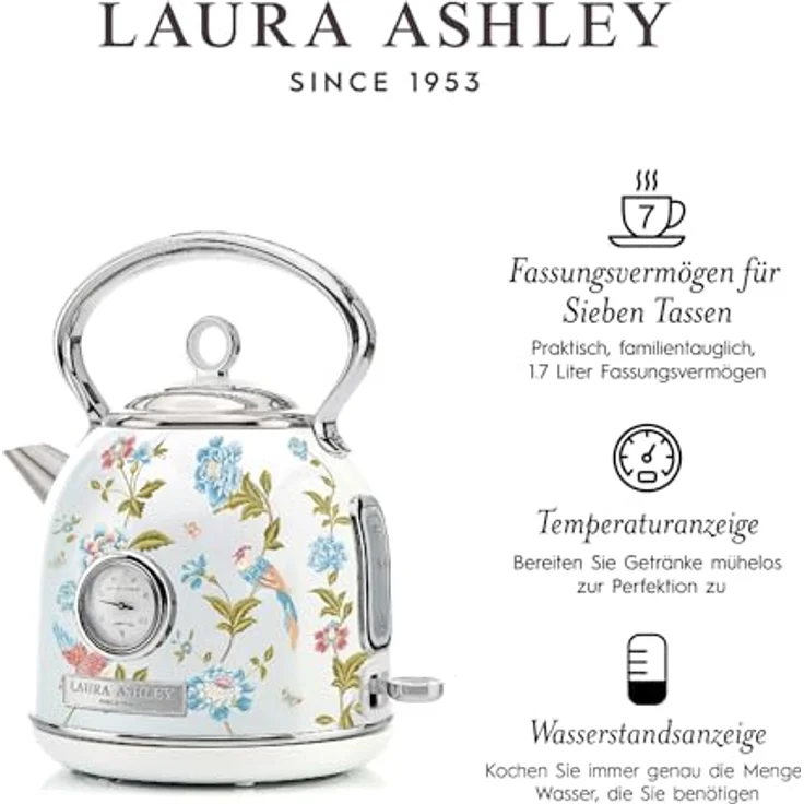 VQ Laura Ashley Elveden Weiß, Kabelloser Edelstahl-Wasserkocher 1,7 Liter mit 2,2 kW Schnellkochtechnologie, Überhitzungsschutz und Temperaturanzeige – Bild 5
