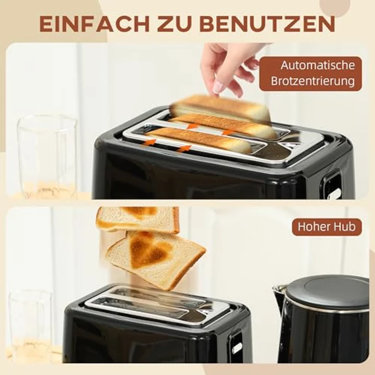 HOMCOM Toaster und Wasserkocher Set, 1,5L Wasserkocher mit 2200W und 7 Temperatureinstellungen, Toaster für 2 Scheiben mit 7 Bräunungsstufen, Schwarz/Silber – Bild 8