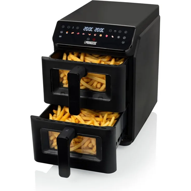 PRINCESS Stack Airfryer 182490, Heißluftfritteuse mit 2 x 5,6 L, 3000 W, digitales Bedienfeld, kompaktes, vertikales Design, ölfrei frittieren