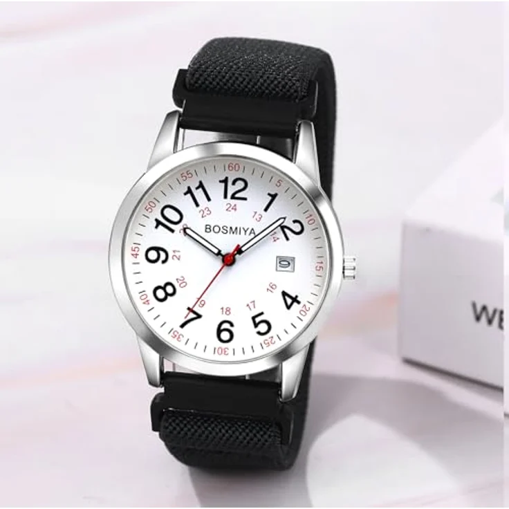 JewelryWe Geflochtene Elastische Armbanduhr, Kalender Analog Quarz mit Schwarz Stoffarmband & 12/24 Stunden Zifferblatt für Damen und Herren – Bild 2