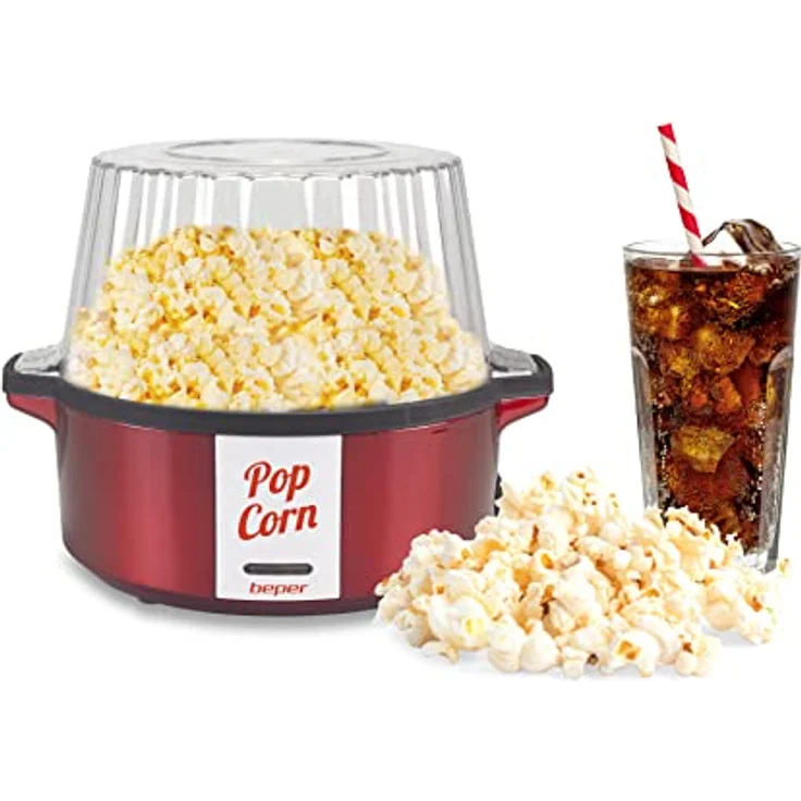 BEPER P101CUD050 Popcornmaschine, 700 W, Antihaftbeschichtung, Kochen mit Butter/Öl, drehbarer Schaufel aus Stahl, Deckel verwandelt sich in eine Schale, Löffel im Lieferumfang enthalten, Rot – Bild 1