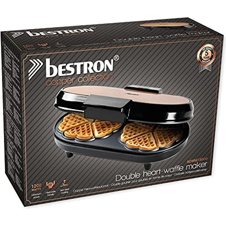 Bestron Doppel-Waffeleisen für klassische Herzwaffeln, Waffelmaker mit Backampel & Antihaftbeschichtung, 1.200 Watt, Farbe: Kupfer – Bild 4