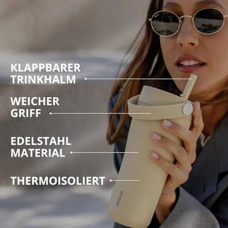 EQUA Carry Cup Edelstahl Isolierte Trinkflasche mit klappbarem Strohhalm, 600ml, 15 Stunden kalt oder 8 Stunden heiß, 100% auslaufsicher, Butterfarbe – Bild 5