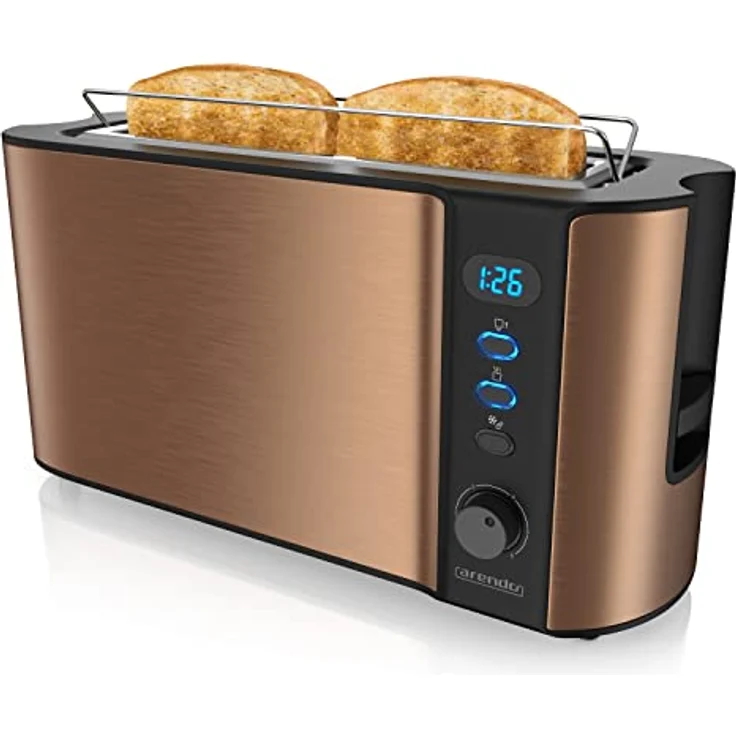 Arendo Frukost Langschlitz-Toaster - Defrost Funktion - Kupfer-Design - Brötchenaufsatz - Krümelschublade - GS-zertifiziert – Bild 1